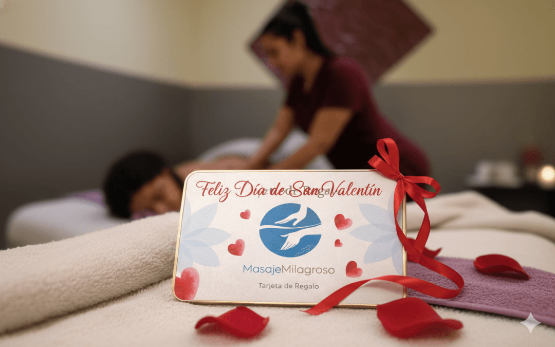 arjeta de regalo de San Valentín de Masaje Milagroso con lazo rojo y pétalos, en una cabina de spa premium en Tijuana con luz tenue y terapia profesional.