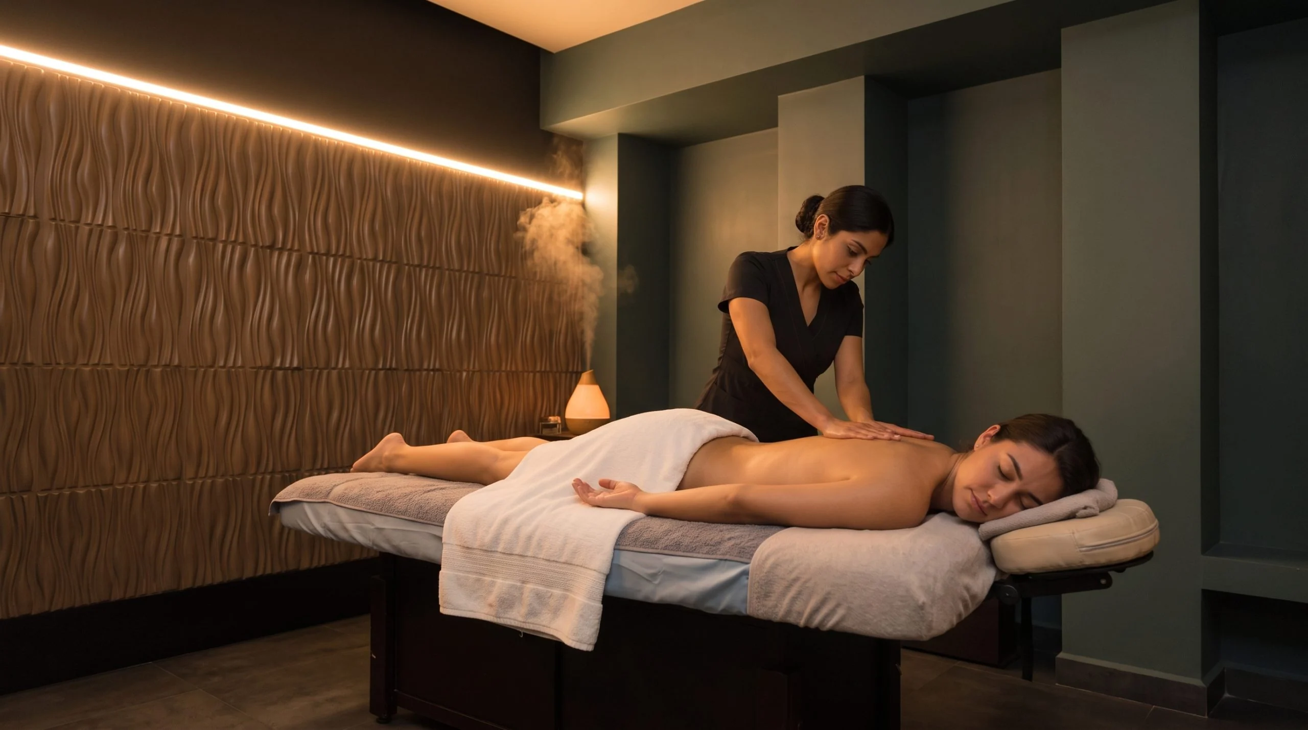 Masaje Sueco Relajante en Cabina de Spa en Tijuana – Masaje Milagroso Terapeuta profesional aplicando masaje sueco relajante de cuerpo completo en Masaje Milagroso Spa Tijuana
