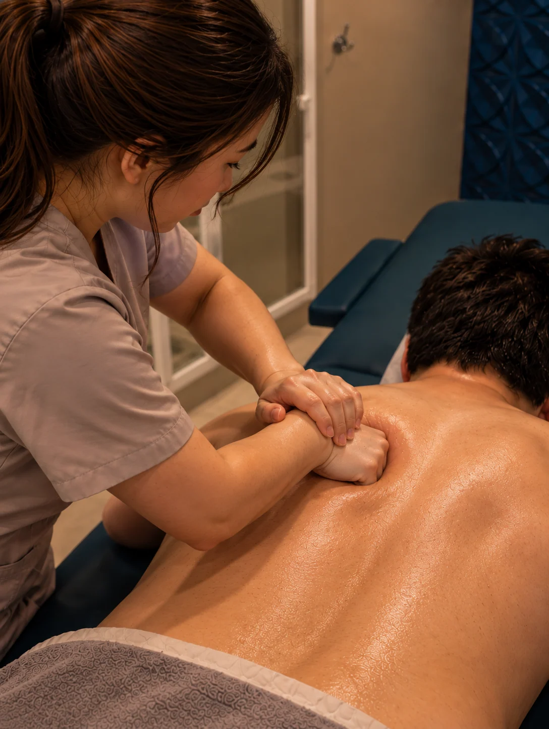 Masaje de Tejido Profundo en Espalda y Hombros en Tijuana – Masaje Milagroso Spa Terapeuta realizando masaje de tejido profundo enfocado en hombros y espalda en Masaje Milagroso Spa Tijuana