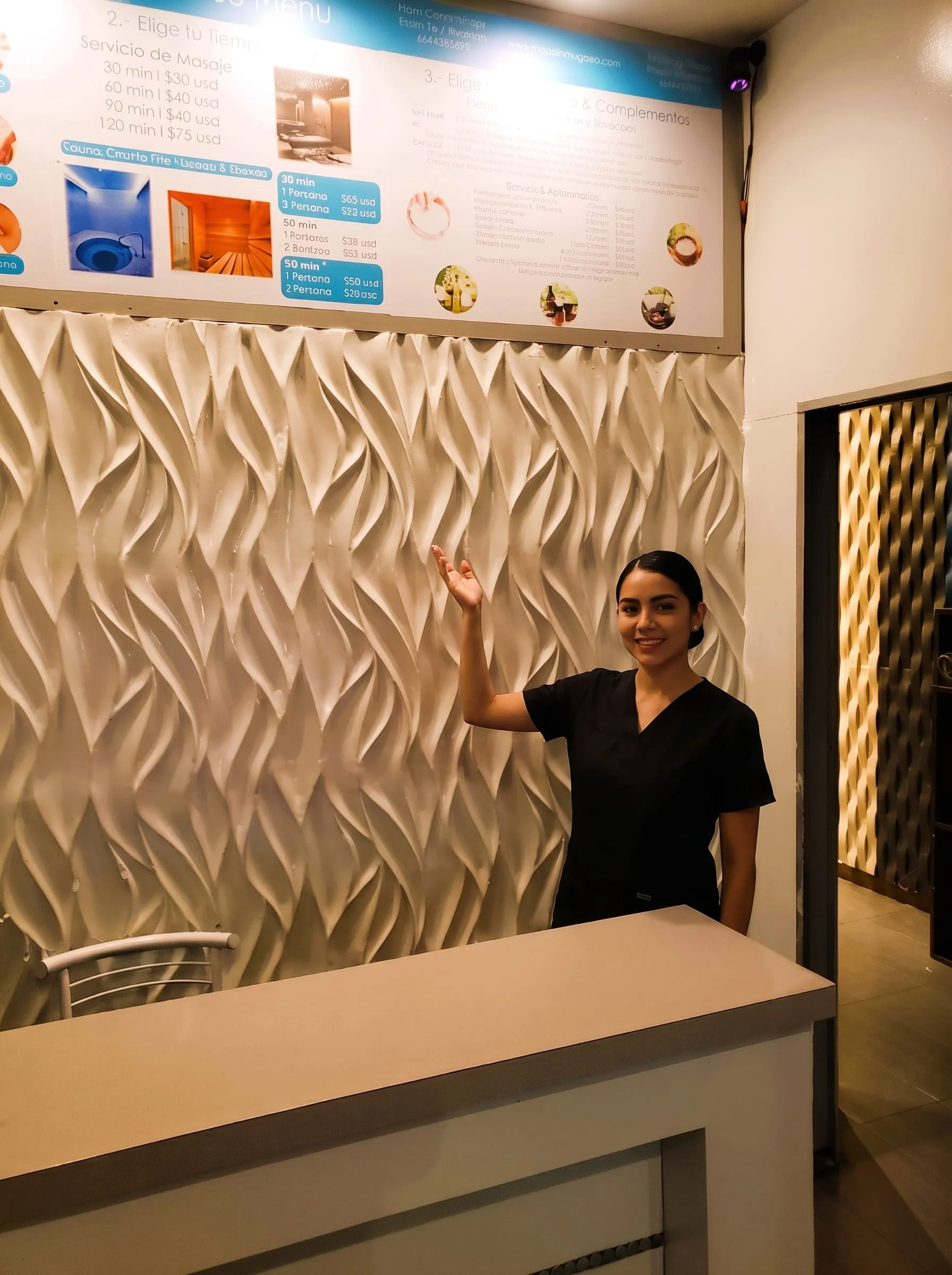 Recepción de Masaje Milagroso Spa en Tijuana mostrando el menú de membresías de masaje y precios especiales