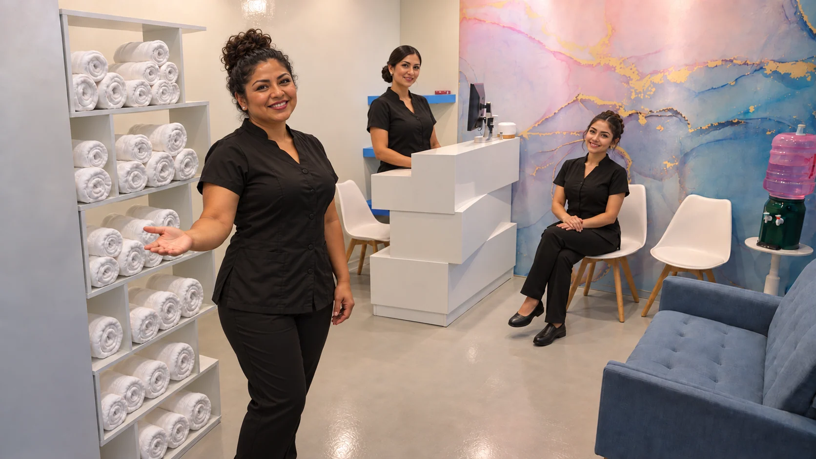 Equipo de recepción dando la bienvenida a clientes con promociones de masajes y spa en Masaje Milagroso Tijuana