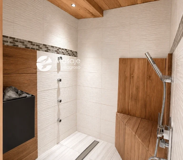 Cabina privada de sauna de vapor herbal con regadera de lluvia y madera de cedro en Masaje Milagroso Tijuana