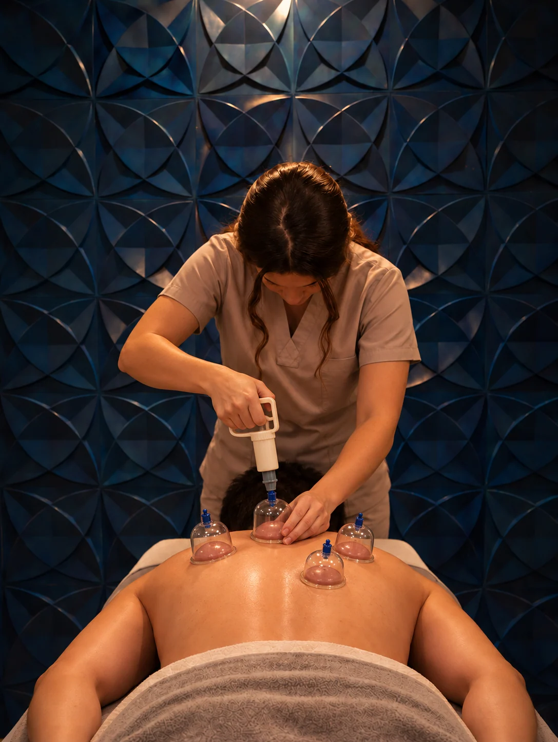 Terapia con Ventosas (Cupping) y Masaje en Tijuana – Masaje Milagroso Spa Terapeuta aplicando terapia con ventosas modernas en la espalda durante un masaje en Masaje Milagroso Spa Tijuana